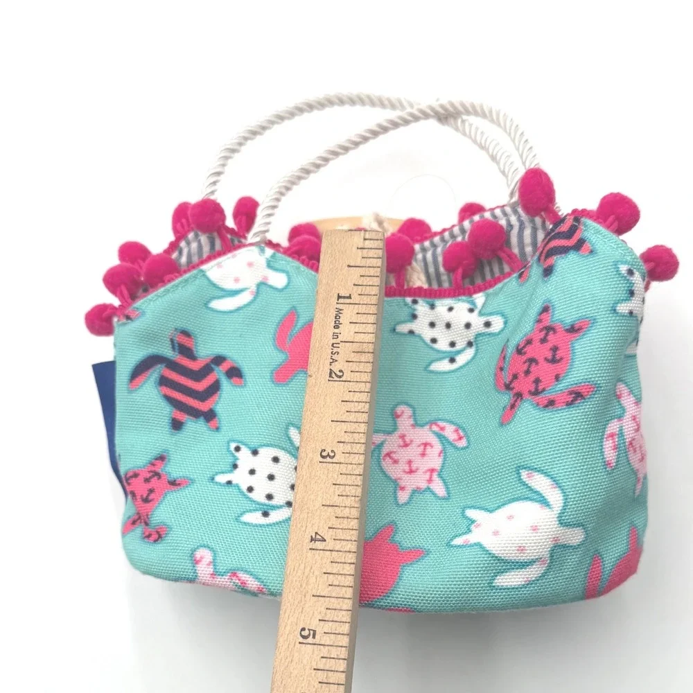 The Preppy Pelican Sassy Sea Turtle Mini Tote Purse Turquoise Pink Pom Pom